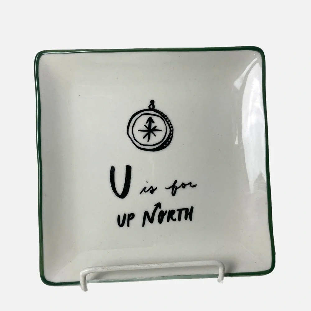 Indigo Plate "U is‎ for Up North" Alpha Ceramic Cottage Decor Trinket Display